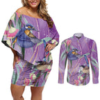 Australia Epilepsy Awareness Couples Matching Off Shoulder Short Dress and Long Sleeve Button Shirt Purple Fairy Wren with Eucalyptus Flowers - Aussie Hoodie