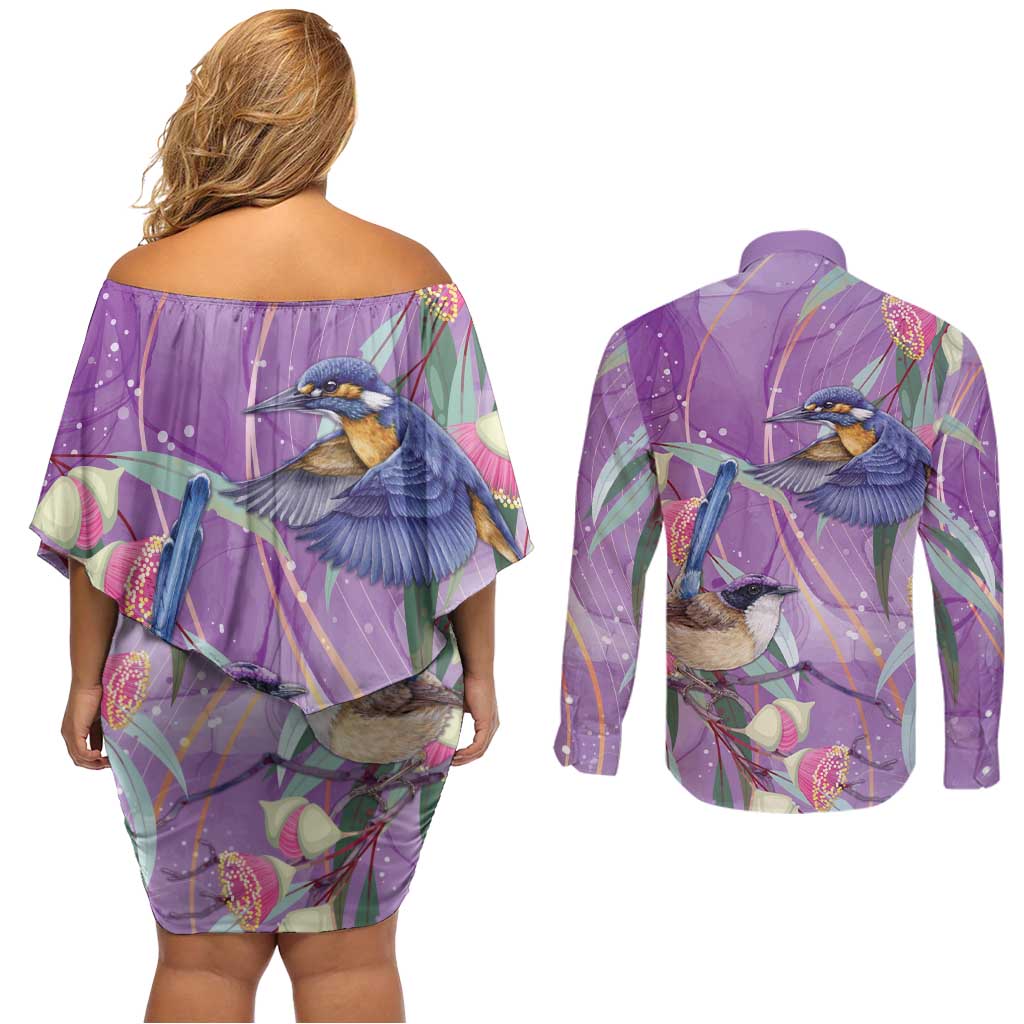 Australia Epilepsy Awareness Couples Matching Off Shoulder Short Dress and Long Sleeve Button Shirt Purple Fairy Wren with Eucalyptus Flowers - Aussie Hoodie