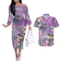 Australia Epilepsy Awareness Couples Matching Off The Shoulder Long Sleeve Dress and Hawaiian Shirt Purple Fairy Wren with Eucalyptus Flowers - Aussie Hoodie