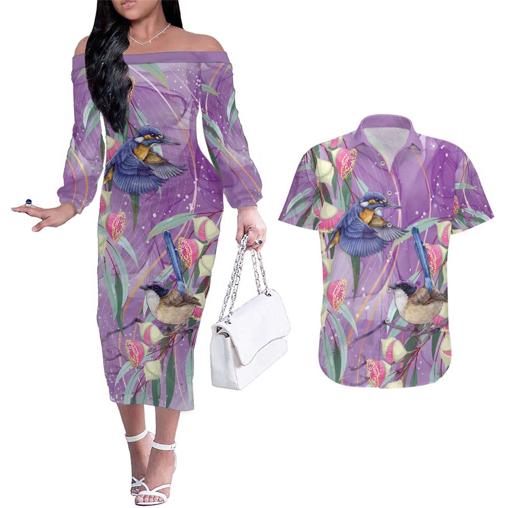 Australia Epilepsy Awareness Couples Matching Off The Shoulder Long Sleeve Dress and Hawaiian Shirt Purple Fairy Wren with Eucalyptus Flowers - Aussie Hoodie