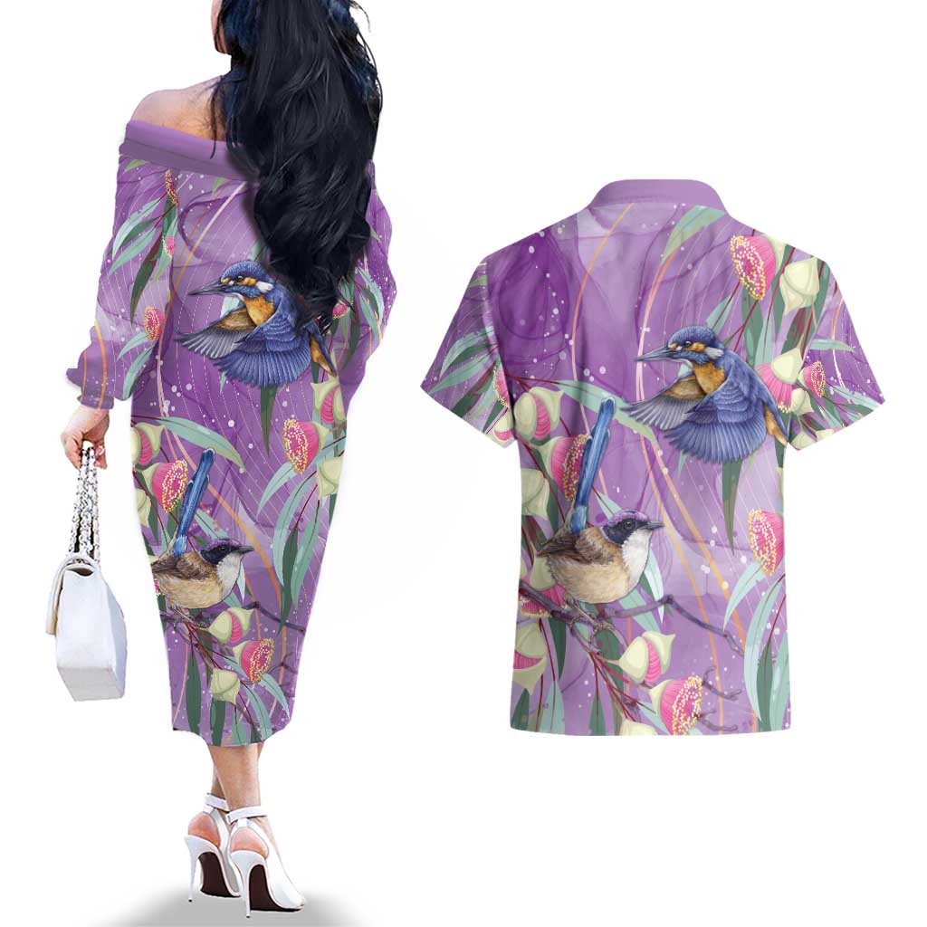 Australia Epilepsy Awareness Couples Matching Off The Shoulder Long Sleeve Dress and Hawaiian Shirt Purple Fairy Wren with Eucalyptus Flowers - Aussie Hoodie