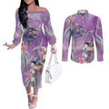Australia Epilepsy Awareness Couples Matching Off The Shoulder Long Sleeve Dress and Long Sleeve Button Shirt Purple Fairy Wren with Eucalyptus Flowers - Aussie Hoodie