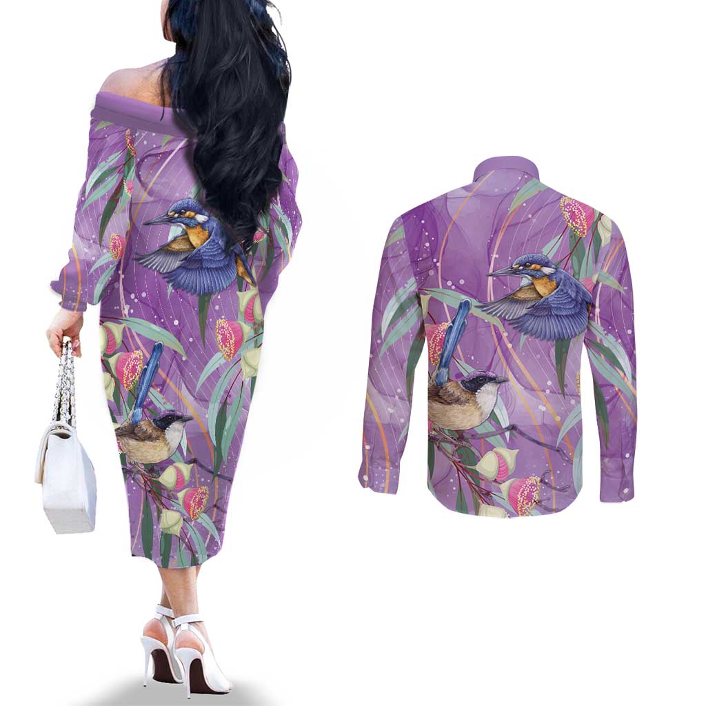Australia Epilepsy Awareness Couples Matching Off The Shoulder Long Sleeve Dress and Long Sleeve Button Shirt Purple Fairy Wren with Eucalyptus Flowers - Aussie Hoodie