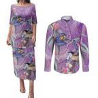 Australia Epilepsy Awareness Couples Matching Puletasi and Long Sleeve Button Shirt Purple Fairy Wren with Eucalyptus Flowers - Aussie Hoodie