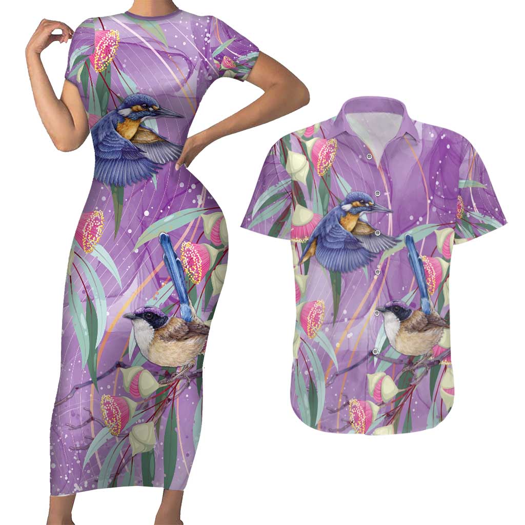 Australia Epilepsy Awareness Couples Matching Short Sleeve Bodycon Dress and Hawaiian Shirt Purple Fairy Wren with Eucalyptus Flowers - Aussie Hoodie