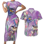 Australia Epilepsy Awareness Couples Matching Short Sleeve Bodycon Dress and Hawaiian Shirt Purple Fairy Wren with Eucalyptus Flowers - Aussie Hoodie