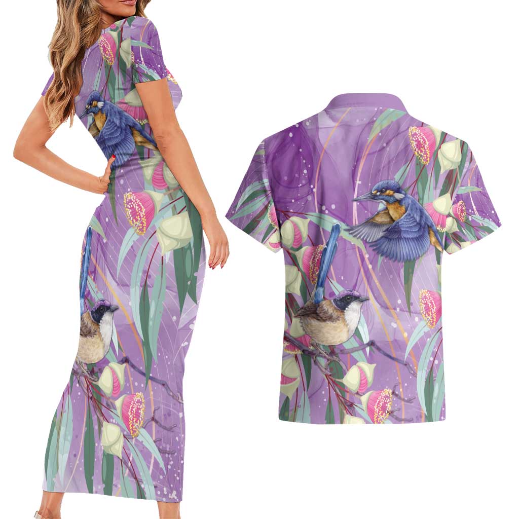 Australia Epilepsy Awareness Couples Matching Short Sleeve Bodycon Dress and Hawaiian Shirt Purple Fairy Wren with Eucalyptus Flowers - Aussie Hoodie