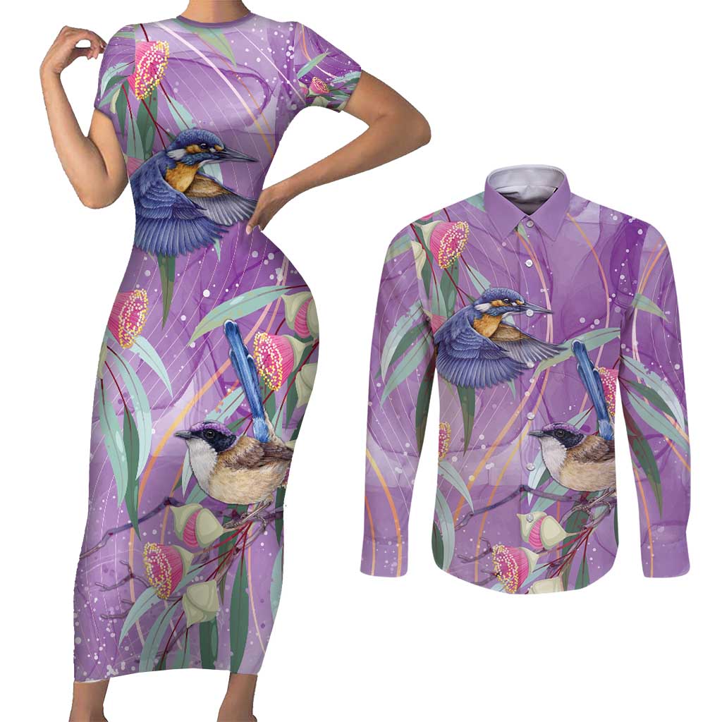 Australia Epilepsy Awareness Couples Matching Short Sleeve Bodycon Dress and Long Sleeve Button Shirt Purple Fairy Wren with Eucalyptus Flowers - Aussie Hoodie