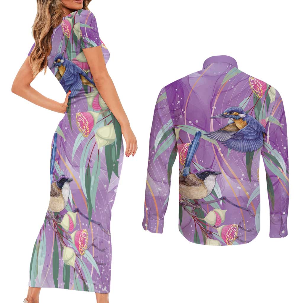 Australia Epilepsy Awareness Couples Matching Short Sleeve Bodycon Dress and Long Sleeve Button Shirt Purple Fairy Wren with Eucalyptus Flowers - Aussie Hoodie