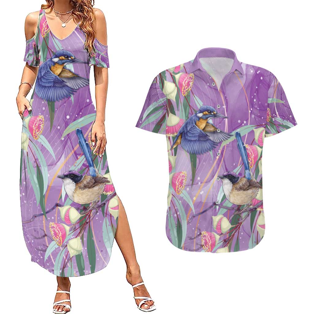 Australia Epilepsy Awareness Couples Matching Summer Maxi Dress and Hawaiian Shirt Purple Fairy Wren with Eucalyptus Flowers - Aussie Hoodie