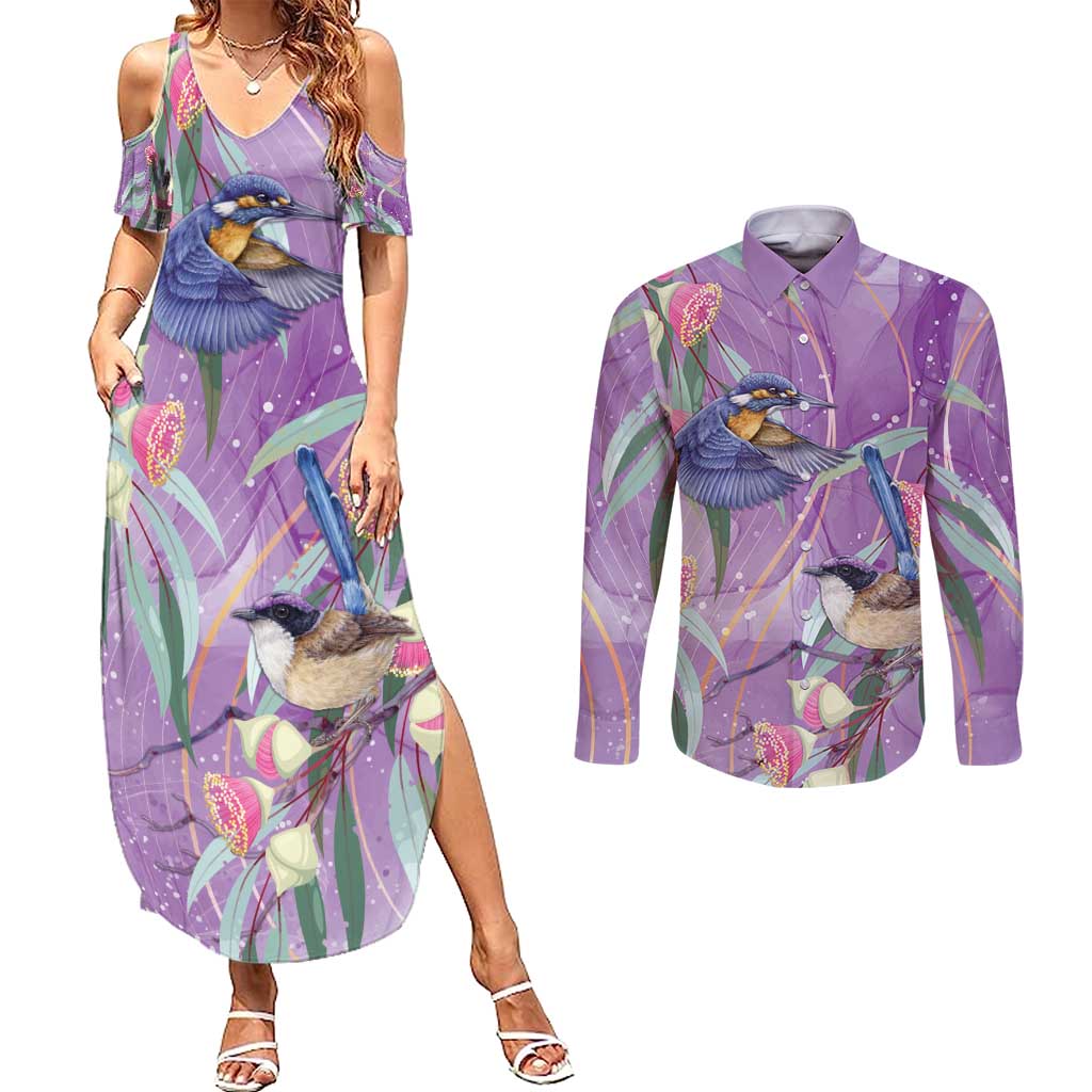 Australia Epilepsy Awareness Couples Matching Summer Maxi Dress and Long Sleeve Button Shirt Purple Fairy Wren with Eucalyptus Flowers - Aussie Hoodie