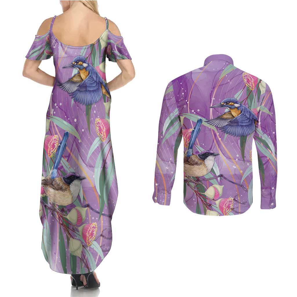 Australia Epilepsy Awareness Couples Matching Summer Maxi Dress and Long Sleeve Button Shirt Purple Fairy Wren with Eucalyptus Flowers - Aussie Hoodie