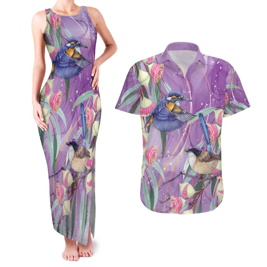 Australia Epilepsy Awareness Couples Matching Tank Maxi Dress and Hawaiian Shirt Purple Fairy Wren with Eucalyptus Flowers - Aussie Hoodie
