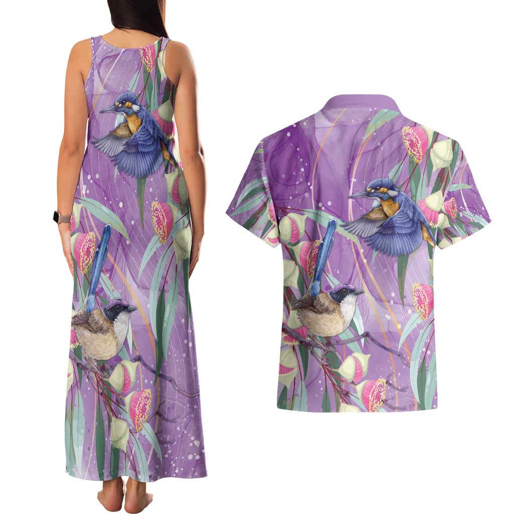 Australia Epilepsy Awareness Couples Matching Tank Maxi Dress and Hawaiian Shirt Purple Fairy Wren with Eucalyptus Flowers - Aussie Hoodie