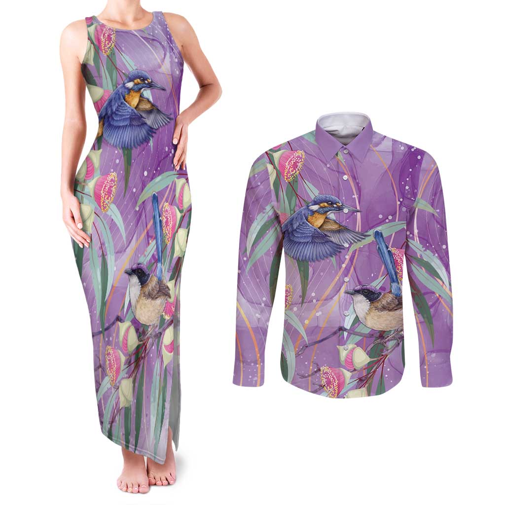 Australia Epilepsy Awareness Couples Matching Tank Maxi Dress and Long Sleeve Button Shirt Purple Fairy Wren with Eucalyptus Flowers - Aussie Hoodie