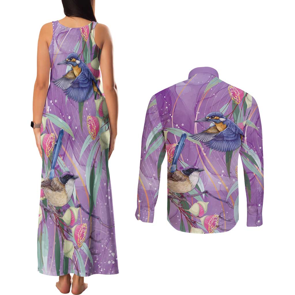 Australia Epilepsy Awareness Couples Matching Tank Maxi Dress and Long Sleeve Button Shirt Purple Fairy Wren with Eucalyptus Flowers - Aussie Hoodie