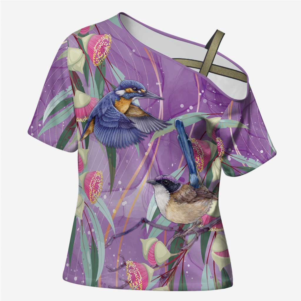 Australia Epilepsy Awareness Cross Shoulder Shirt Purple Fairy Wren with Eucalyptus Flowers - Aussie Hoodie