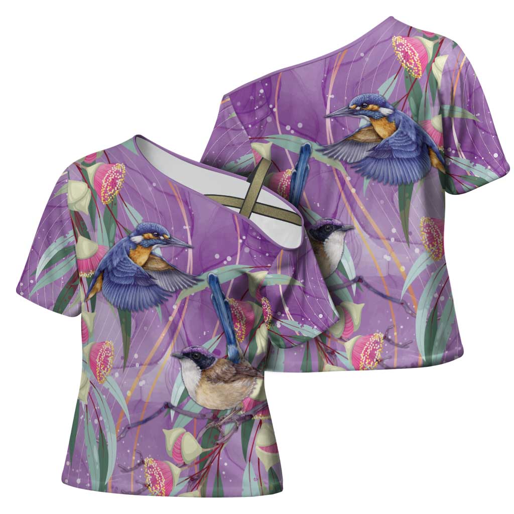Australia Epilepsy Awareness Cross Shoulder Shirt Purple Fairy Wren with Eucalyptus Flowers - Aussie Hoodie