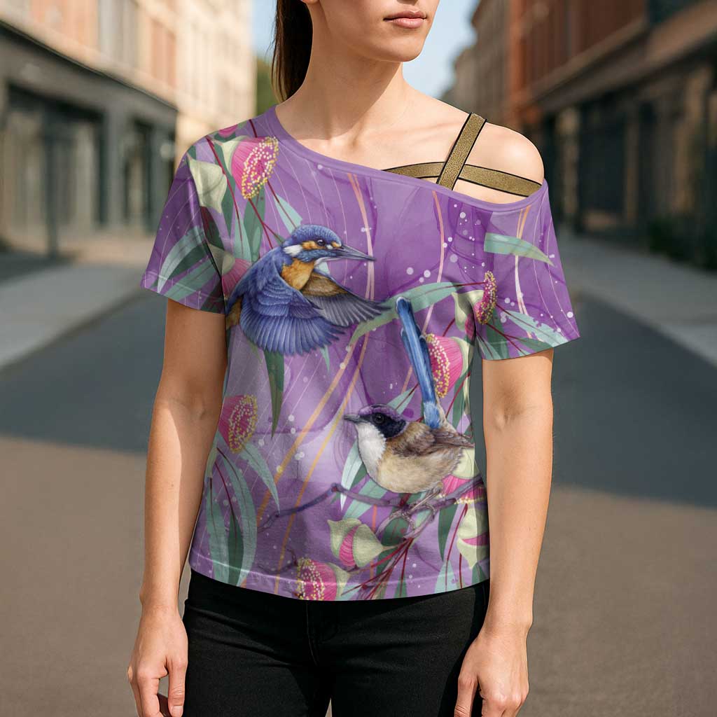 Australia Epilepsy Awareness Cross Shoulder Shirt Purple Fairy Wren with Eucalyptus Flowers - Aussie Hoodie