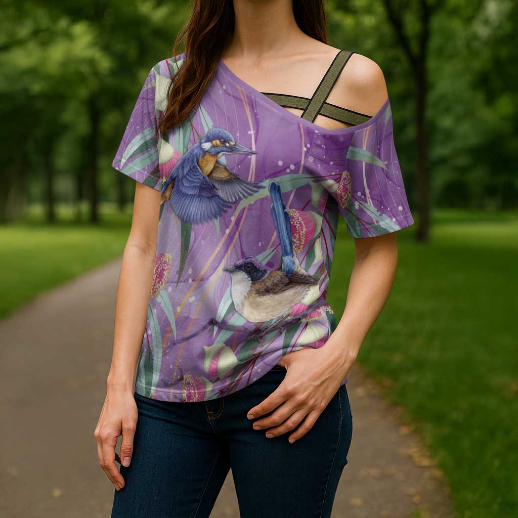 Australia Epilepsy Awareness Cross Shoulder Shirt Purple Fairy Wren with Eucalyptus Flowers - Aussie Hoodie