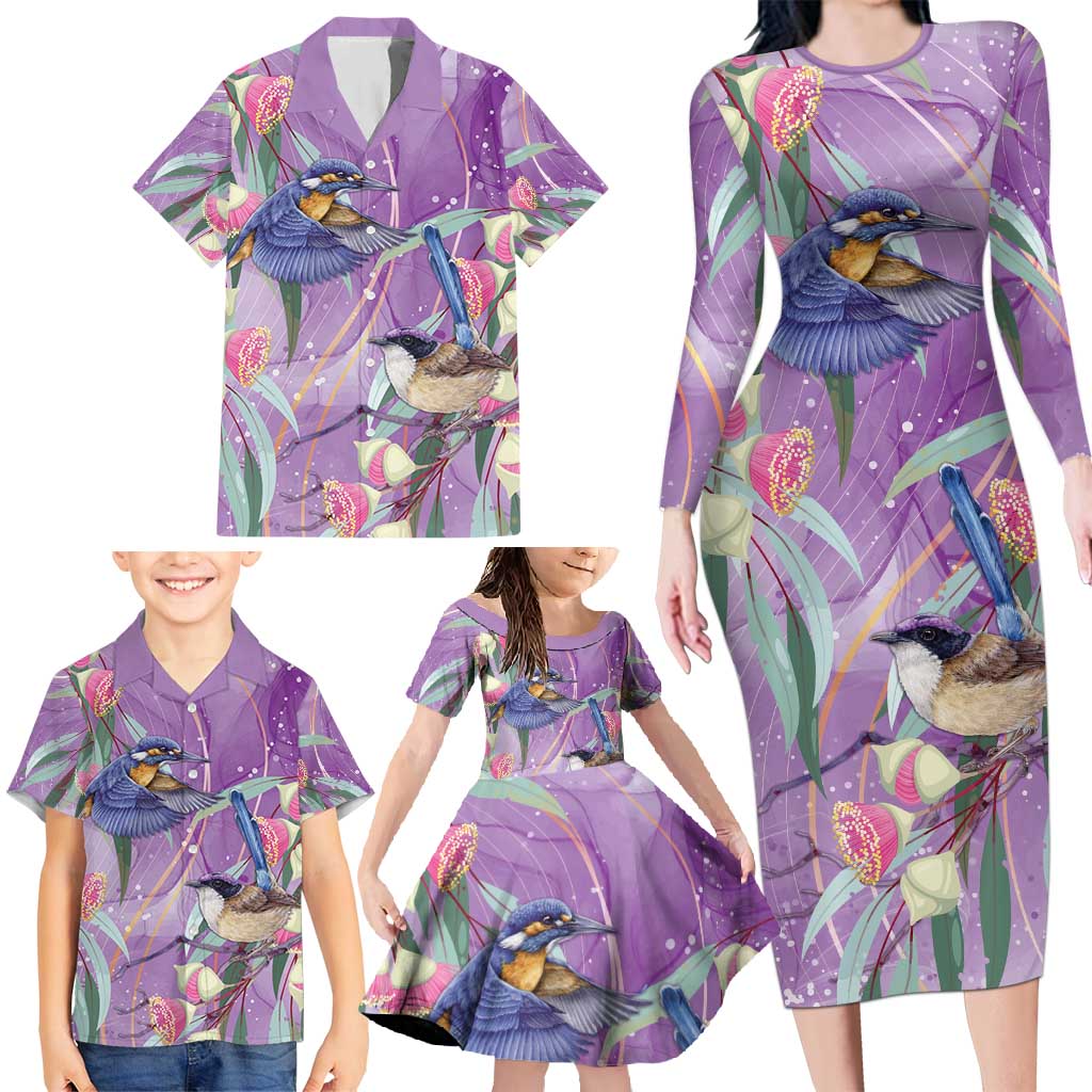 Australia Epilepsy Awareness Family Matching Long Sleeve Bodycon Dress and Hawaiian Shirt Purple Fairy Wren with Eucalyptus Flowers - Aussie Hoodie