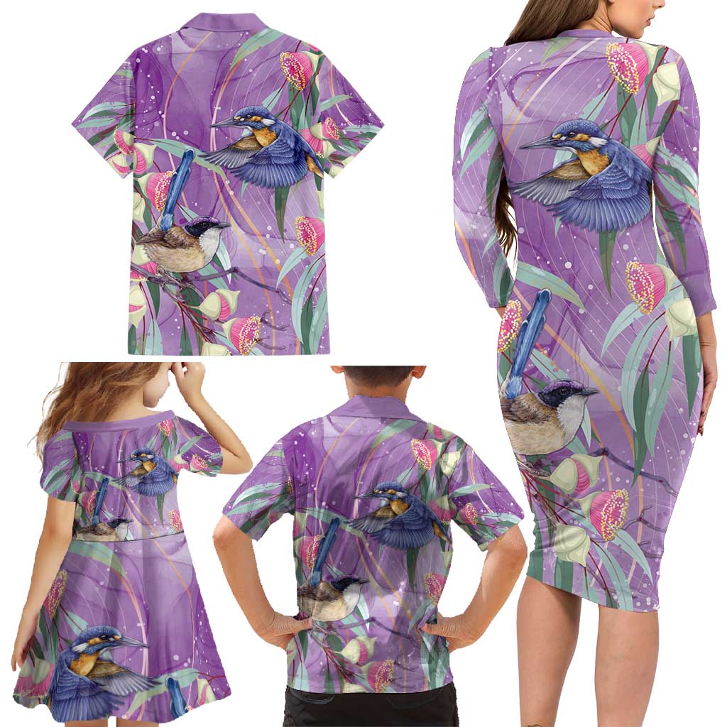 Australia Epilepsy Awareness Family Matching Long Sleeve Bodycon Dress and Hawaiian Shirt Purple Fairy Wren with Eucalyptus Flowers - Aussie Hoodie