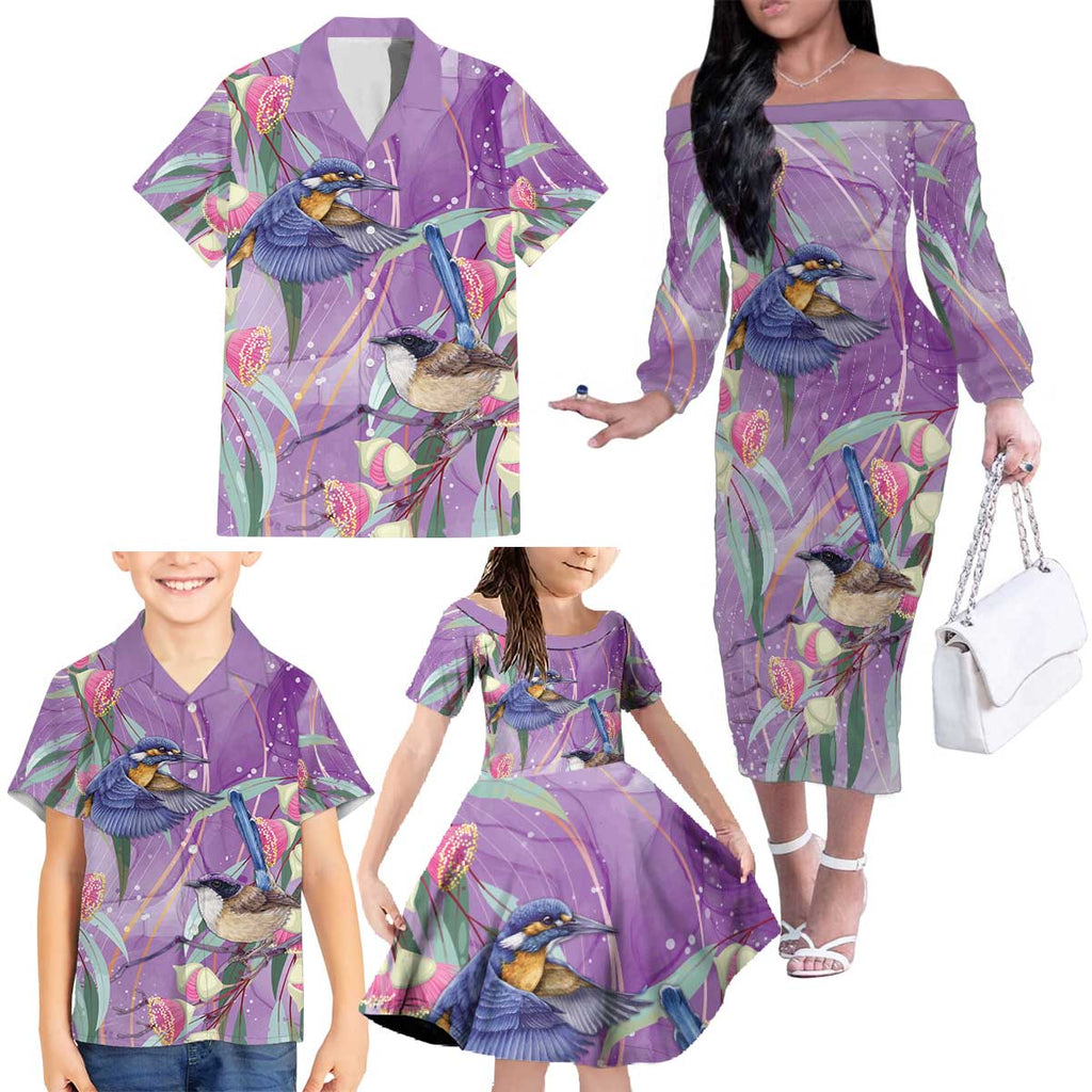 Australia Epilepsy Awareness Family Matching Off The Shoulder Long Sleeve Dress and Hawaiian Shirt Purple Fairy Wren with Eucalyptus Flowers - Aussie Hoodie