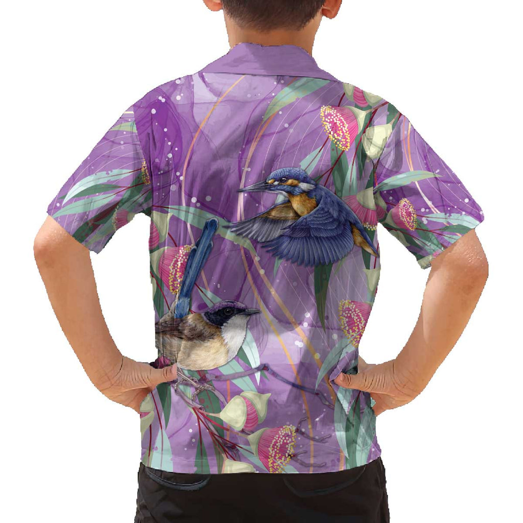 Australia Epilepsy Awareness Family Matching Off The Shoulder Long Sleeve Dress and Hawaiian Shirt Purple Fairy Wren with Eucalyptus Flowers - Aussie Hoodie