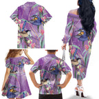 Australia Epilepsy Awareness Family Matching Off The Shoulder Long Sleeve Dress and Hawaiian Shirt Purple Fairy Wren with Eucalyptus Flowers - Aussie Hoodie