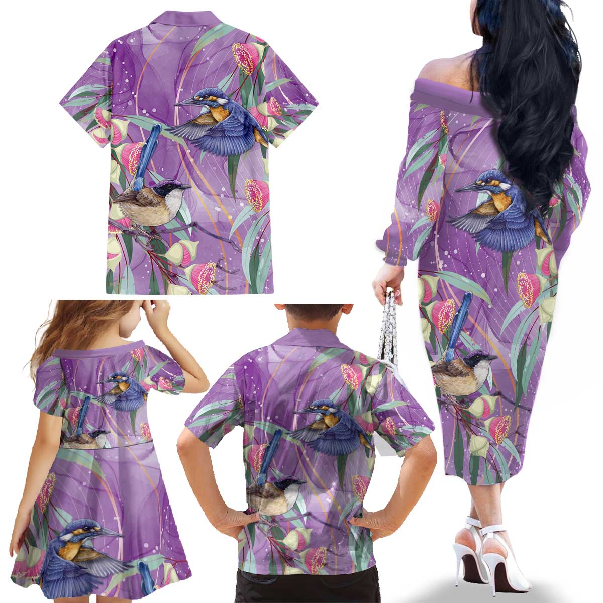 Australia Epilepsy Awareness Family Matching Off The Shoulder Long Sleeve Dress and Hawaiian Shirt Purple Fairy Wren with Eucalyptus Flowers - Aussie Hoodie