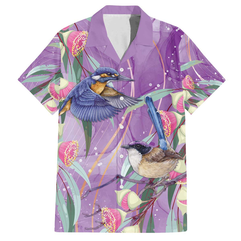 Australia Epilepsy Awareness Family Matching Off The Shoulder Long Sleeve Dress and Hawaiian Shirt Purple Fairy Wren with Eucalyptus Flowers - Aussie Hoodie