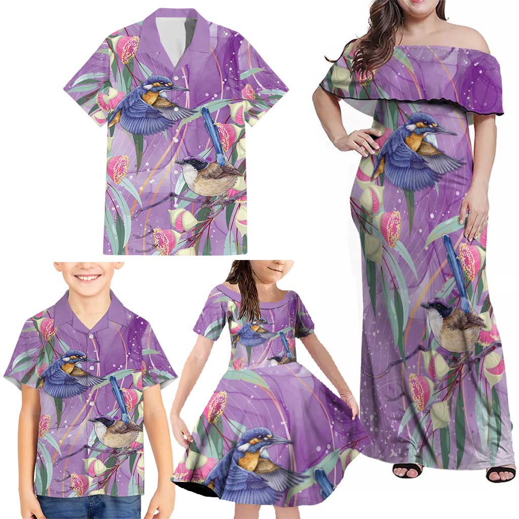 Australia Epilepsy Awareness Family Matching Off Shoulder Maxi Dress and Hawaiian Shirt Purple Fairy Wren with Eucalyptus Flowers - Aussie Hoodie