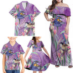 Australia Epilepsy Awareness Family Matching Off Shoulder Maxi Dress and Hawaiian Shirt Purple Fairy Wren with Eucalyptus Flowers - Aussie Hoodie