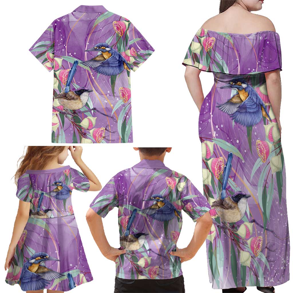 Australia Epilepsy Awareness Family Matching Off Shoulder Maxi Dress and Hawaiian Shirt Purple Fairy Wren with Eucalyptus Flowers - Aussie Hoodie