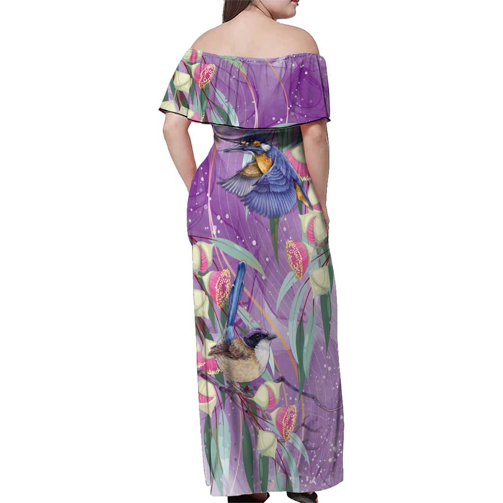 Australia Epilepsy Awareness Family Matching Off Shoulder Maxi Dress and Hawaiian Shirt Purple Fairy Wren with Eucalyptus Flowers - Aussie Hoodie