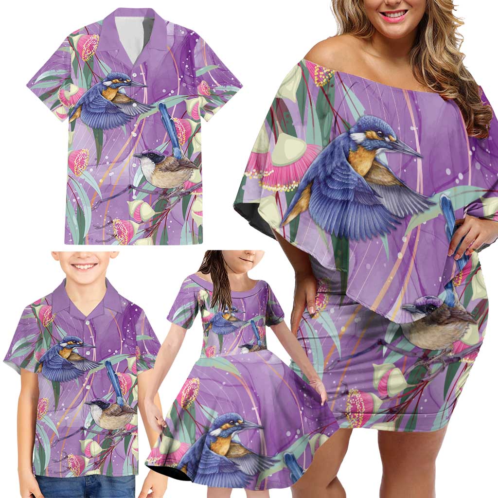 Australia Epilepsy Awareness Family Matching Off Shoulder Short Dress and Hawaiian Shirt Purple Fairy Wren with Eucalyptus Flowers - Aussie Hoodie