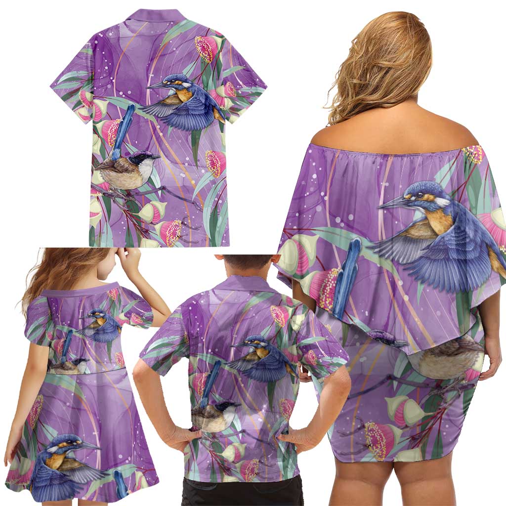 Australia Epilepsy Awareness Family Matching Off Shoulder Short Dress and Hawaiian Shirt Purple Fairy Wren with Eucalyptus Flowers - Aussie Hoodie