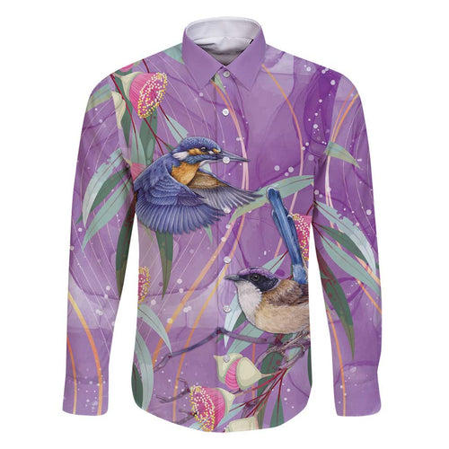 Australia Epilepsy Awareness Family Matching Off Shoulder Short Dress and Hawaiian Shirt Purple Fairy Wren with Eucalyptus Flowers - Aussie Hoodie