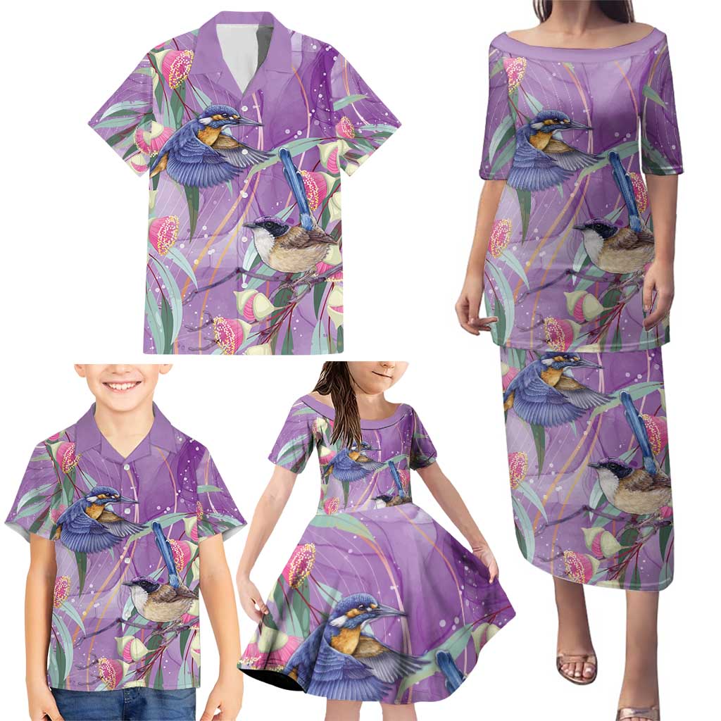 Australia Epilepsy Awareness Family Matching Puletasi and Hawaiian Shirt Purple Fairy Wren with Eucalyptus Flowers - Aussie Hoodie