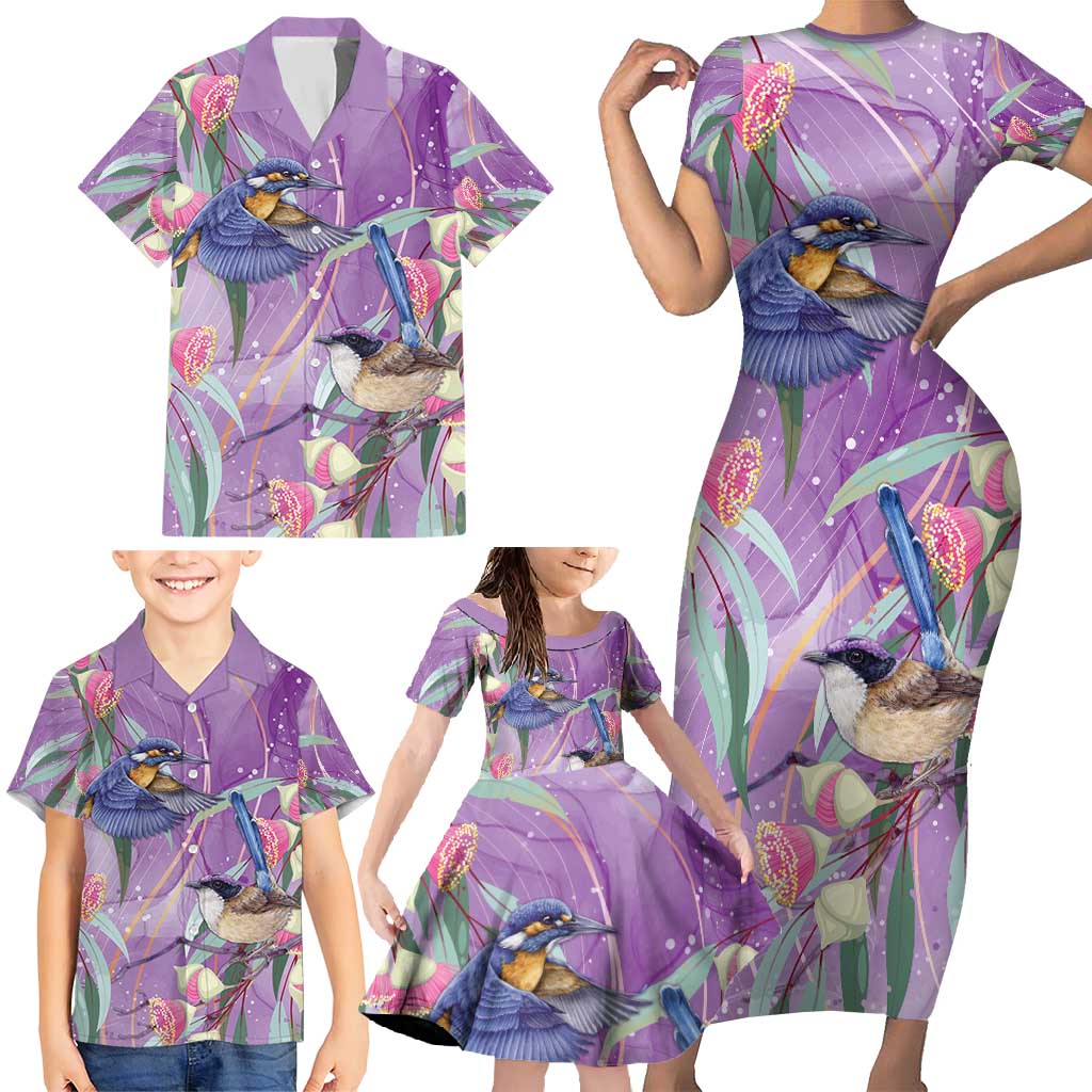 Australia Epilepsy Awareness Family Matching Short Sleeve Bodycon Dress and Hawaiian Shirt Purple Fairy Wren with Eucalyptus Flowers - Aussie Hoodie