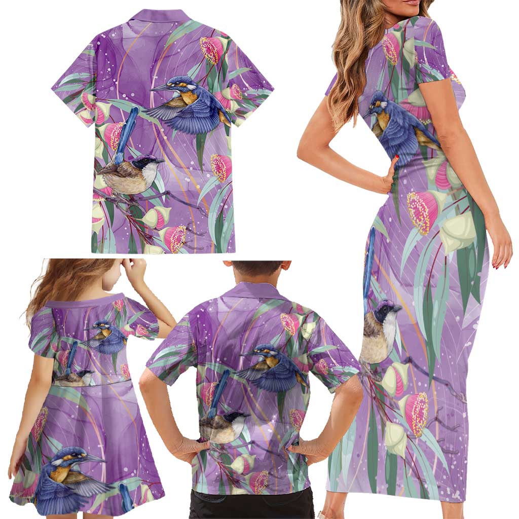 Australia Epilepsy Awareness Family Matching Short Sleeve Bodycon Dress and Hawaiian Shirt Purple Fairy Wren with Eucalyptus Flowers - Aussie Hoodie