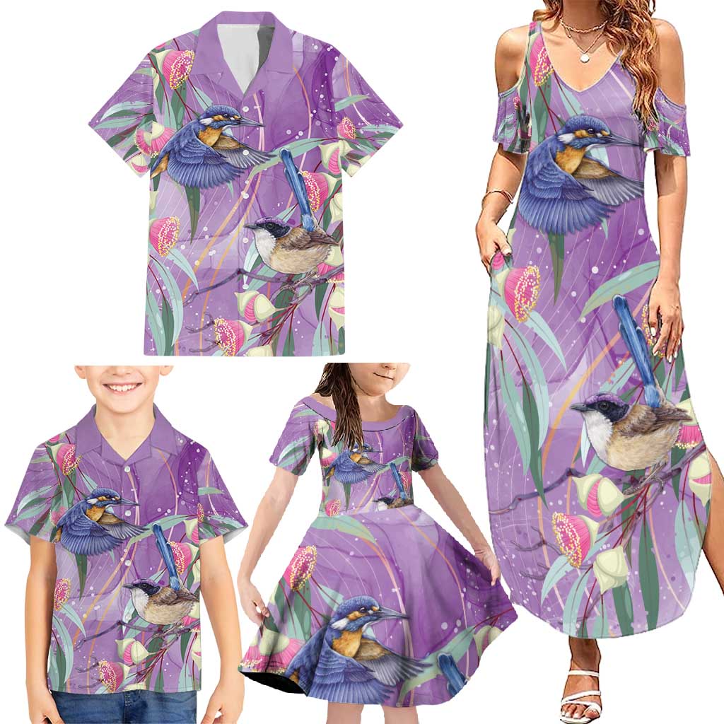 Australia Epilepsy Awareness Family Matching Summer Maxi Dress and Hawaiian Shirt Purple Fairy Wren with Eucalyptus Flowers - Aussie Hoodie