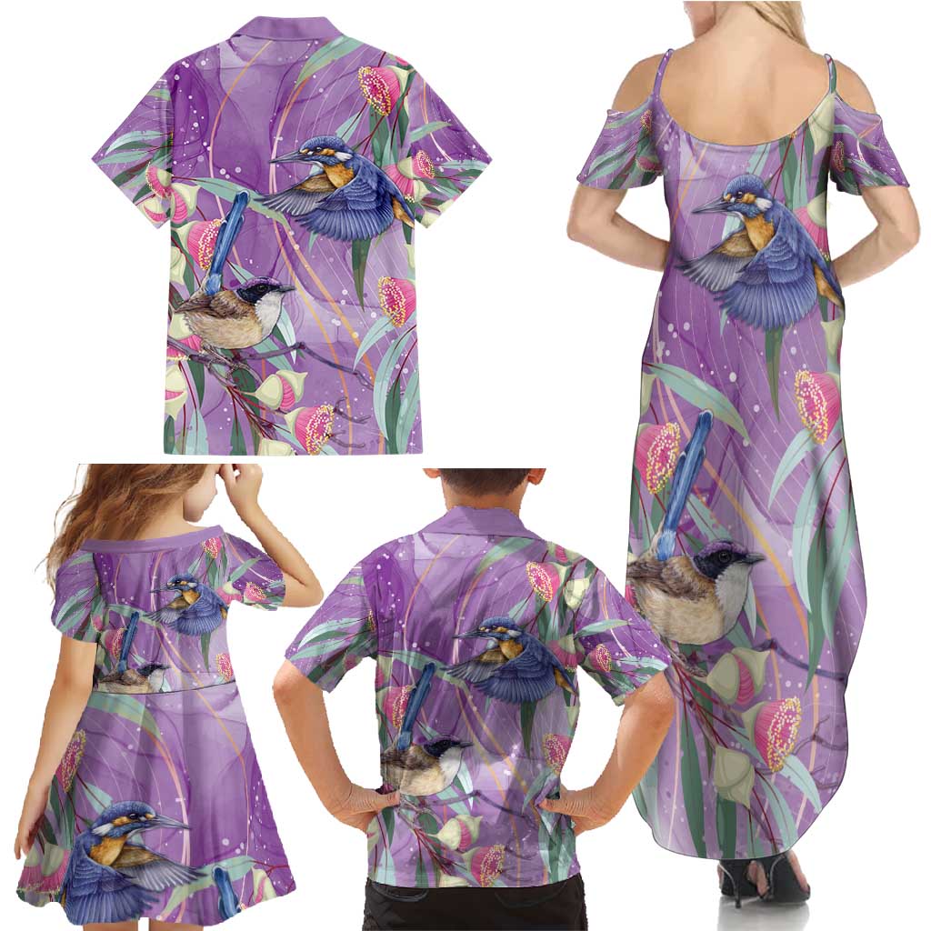 Australia Epilepsy Awareness Family Matching Summer Maxi Dress and Hawaiian Shirt Purple Fairy Wren with Eucalyptus Flowers - Aussie Hoodie