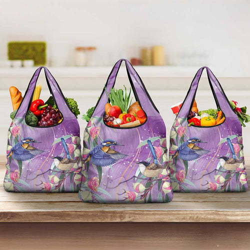 Australia Epilepsy Awareness Grocery Bag Purple Fairy Wren with Eucalyptus Flowers - Aussie Hoodie