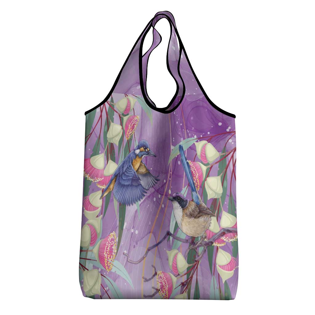 Australia Epilepsy Awareness Grocery Bag Purple Fairy Wren with Eucalyptus Flowers - Aussie Hoodie