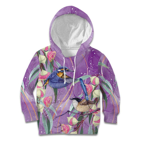 Australia Epilepsy Awareness Kid Hoodie Purple Fairy Wren with Eucalyptus Flowers - Aussie Hoodie