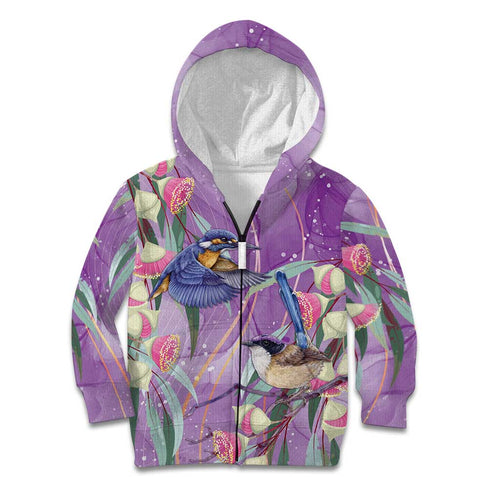 Australia Epilepsy Awareness Kid Hoodie Purple Fairy Wren with Eucalyptus Flowers - Aussie Hoodie