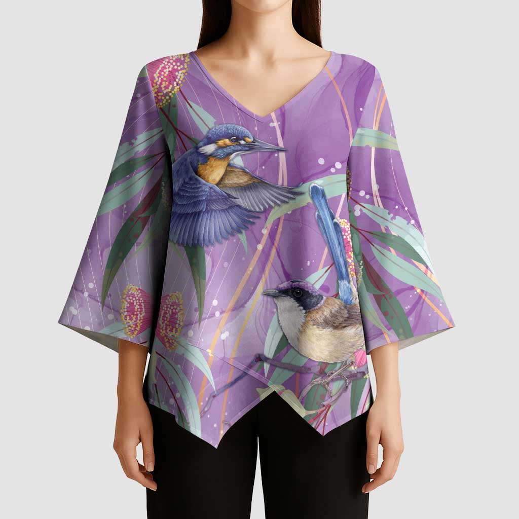Australia Epilepsy Awareness Kimono Sleeve Blouse Purple Fairy Wren with Eucalyptus Flowers - Aussie Hoodie