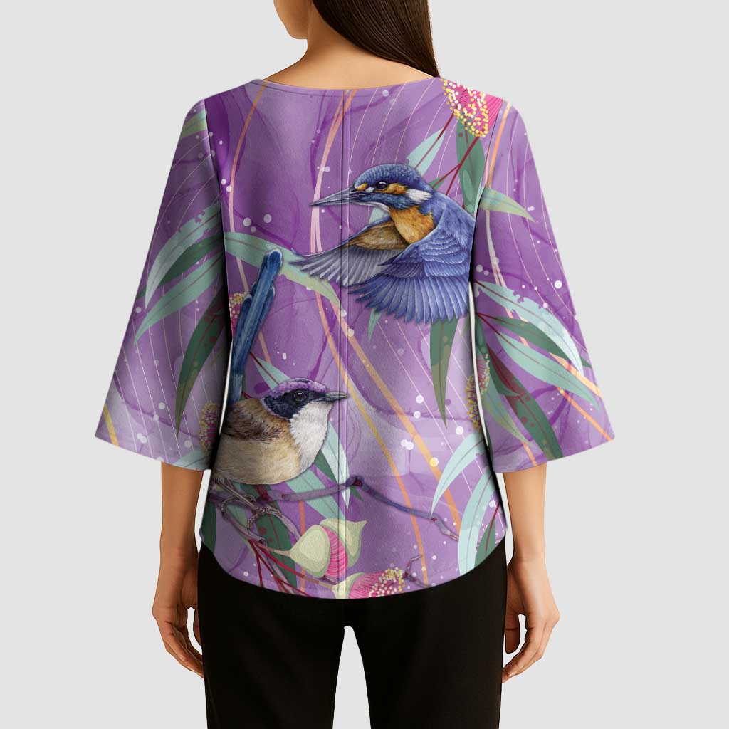 Australia Epilepsy Awareness Kimono Sleeve Blouse Purple Fairy Wren with Eucalyptus Flowers - Aussie Hoodie