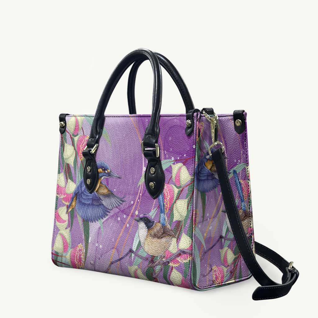 Australia Epilepsy Awareness Leather Bag Purple Fairy Wren with Eucalyptus Flowers - Aussie Hoodie